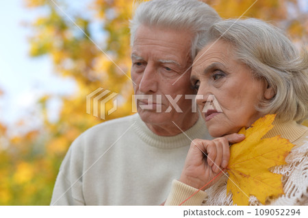 Portrait of sad senior couple in autumn park 109052294