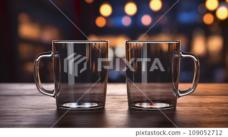 Two Glass Black Mugs Mockup Against the Background of Blurred Lights Two Glass Black Mugs Mockup Against the Background of Blurred Lights 109052712