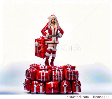 Woman in santa suit standing on top of pile of presents. Generative AI 109053188