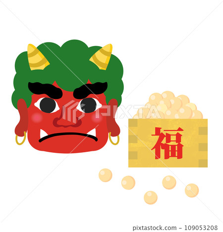 [節分素材] 紅色惡魔臉和方形幸運豆 109053208