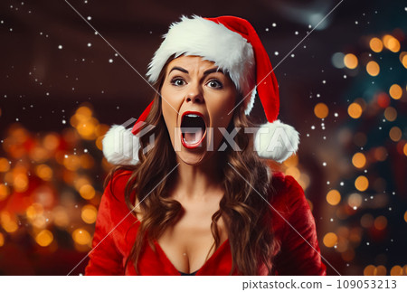 Woman wearing santa hat and making surprised face with her mouth open. Generative AI 109053213