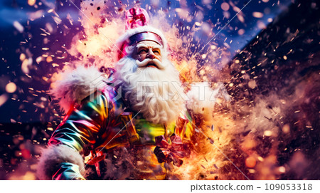 Close up of santa clause with fire in the air behind him. Generative AI 109053318