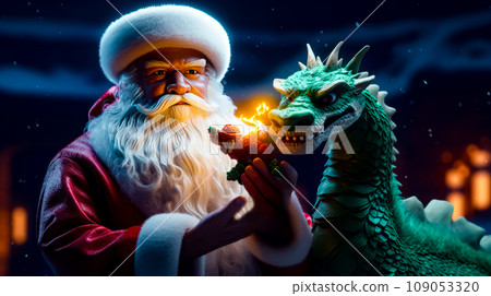 Close up of santa clause holding strawberry near green dragon. Generative AI Close up of santa clause holding strawberry near green dragon. Generative AI 109053320