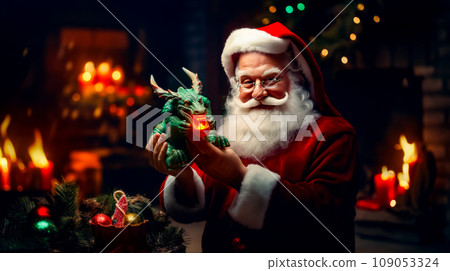 Man dressed as santa claus holding green dragon figurine in front of christmas tree. Generative AI 109053324