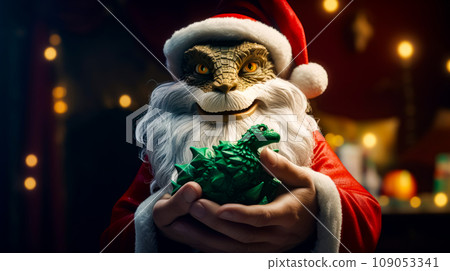 Close up of person wearing santa clause outfit holding toy. Generative AI Close up of person wearing santa clause outfit holding toy. Generative AI 109053341