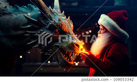 Man in santa claus hat lighting candle next to statue of dragon. Generative AI Man in santa claus hat lighting candle next to statue of dragon. Generative AI 109053342