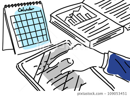 A simple line drawing of a uniform studying for an exam on a tablet 109053451