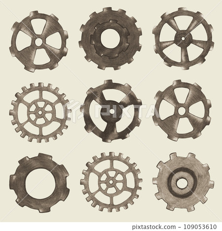 Set of Hand Drawn Steampunk Clock Gear Element. 109053610