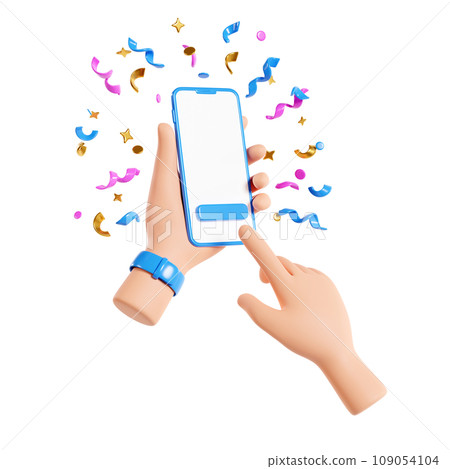 Human hand holding mobile phone with confetti 3d render. Smartphone mockup with white blank screen and color gold and purple ribbons, stars and streamers flying in air for surprise or winner concept. Human hand holding mobile phone with confetti 3d render. Smartphone mockup with white blank screen and color gold and purple ribbons, stars and streamers flying in air for surprise or winner concept. 109054104
