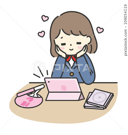 A female student works hard while watching videos on a tablet 109054119