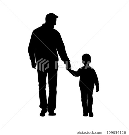Father with son silhouette, father and son walking hand by hand vector silhouette on white 109054126