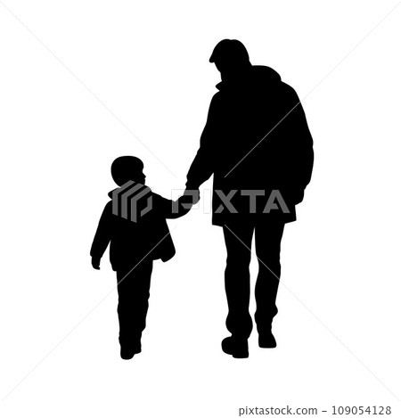 Father with son silhouette, father and son walking hand by hand vector silhouette on white Father with son silhouette, father and son walking hand by hand vector silhouette on white 109054128