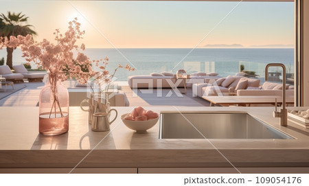 Scenic sea view from terrace of luxury bungalow. Amazing sunset in tropical resort. Spacious terrace with comfortable sofas and sunbeds. Kitchen countertop, vase and bowl with sweets in the foreground Scenic sea view from terrace of luxury bungalow. Amazing sunset in tropical resort. Spacious terrace with comfortable sofas and sunbeds. Kitchen countertop, vase and bowl with sweets in the foreground 109054176