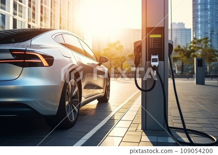 Innovative electric vehicle parked at charging station in a street of modern city. Technological advancement in rechargeable EV using alternative clean and sustainable energy. Innovative electric vehicle parked at charging station in a street of modern city. Technological advancement in rechargeable EV using alternative clean and sustainable energy. 109054200
