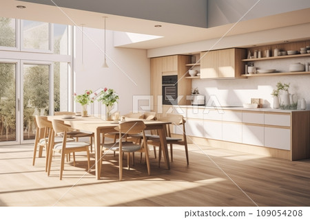 Interior of modern minimalist light kitchen. Flat plain facades, open shelves with utensils, built-in home appliances, wooden dining table and chairs, indoor plants, large windows. Contemporary design Interior of modern minimalist light kitchen. Flat plain facades, open shelves with utensils, built-in home appliances, wooden dining table and chairs, indoor plants, large windows. Contemporary design 109054208