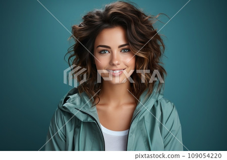Studio portrait of charming Caucasian young woman in casual outwear. Cheerful millennial brunette girl in white T-shirt and blue windbreaker smiling happily. Blue background. Studio portrait of charming Caucasian young woman in casual outwear. Cheerful millennial brunette girl in white T-shirt and blue windbreaker smiling happily. Blue background. 109054220