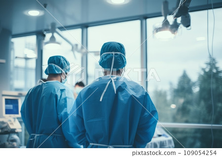 Diverse team of professional medical workers perform surgery and examination of patient in operating room using high-tech equipment. Doctors work to save a patient in a modern hospital. Diverse team of professional medical workers perform surgery and examination of patient in operating room using high-tech equipment. Doctors work to save a patient in a modern hospital. 109054254
