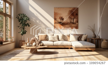 Interior of stylish spacious living room in luxury cottage. Comfortable beige cushioned furniture, rustic wooden coffee table, large painting on the wall, panoramic windows with garden view. 109054267