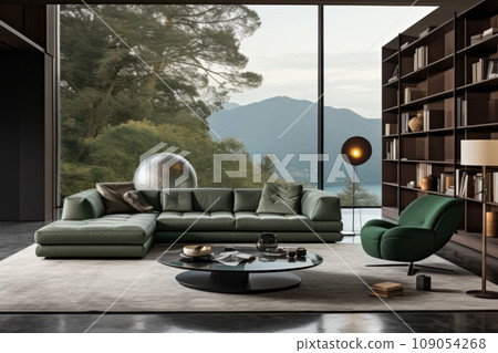 Interior of stylish living room in modern villa. Green cushioned furniture, round coffee table, rug on the floor, glass wall overlooking scenic landscape. Luxurious minimalism, expensive materials. Interior of stylish living room in modern villa. Green cushioned furniture, round coffee table, rug on the floor, glass wall overlooking scenic landscape. Luxurious minimalism, expensive materials. 109054268