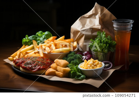 Still life with fast food menu. Nuggets and fries garnished with fresh vegetables, greenery and sauce. Combination of junk food and organic farm products. Black background. Still life with fast food menu. Nuggets and fries garnished with fresh vegetables, greenery and sauce. Combination of junk food and organic farm products. Black background. 109054271