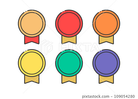 一組徽章、徽章和獎牌圖標,帶有簡單可愛的絲帶 - 排名和等級的圖像 一組徽章、徽章和獎牌圖標,帶有簡單可愛的絲帶 - 排名和等級的圖像 109054280