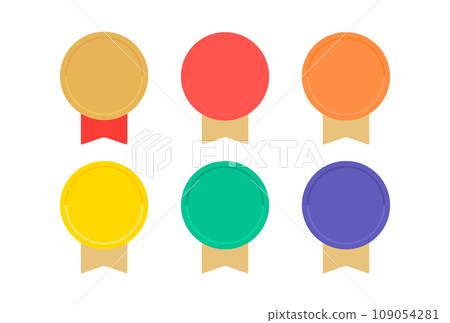 一組徽章、徽章和獎牌圖標，帶有簡單可愛的絲帶 - 排名和等級的圖像 109054281