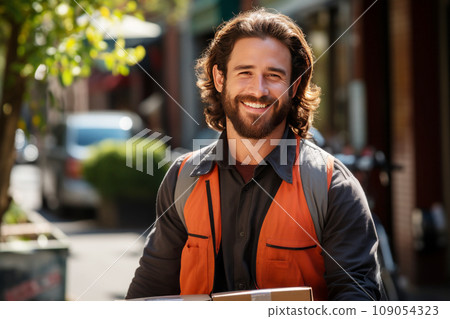 Close-up portrait of male delivery courier with cardboard box in a city street. Smiling positive Caucasian man delivering parcel to a client. Logistic and delivery concept. Close-up portrait of male delivery courier with cardboard box in a city street. Smiling positive Caucasian man delivering parcel to a client. Logistic and delivery concept. 109054323