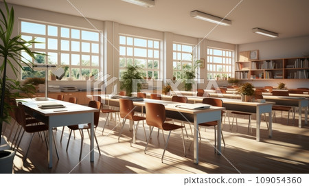 Interior of clean bright classroom in modern school or college. Spacious room with white walls, large comfortable desks, chairs, bookshelves, indoor plants, large windows. Interior of clean bright classroom in modern school or college. Spacious room with white walls, large comfortable desks, chairs, bookshelves, indoor plants, large windows. 109054360