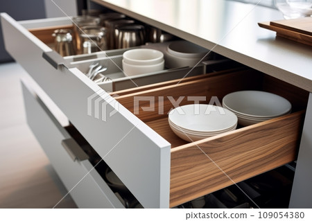 Close-up of open drawer in modern minimalist kitchen with white facades and white acrylic countertop. Set of cutlery trays in kitchen drawer. Solid oak wood cutlery drawer inserts. Close-up of open drawer in modern minimalist kitchen with white facades and white acrylic countertop. Set of cutlery trays in kitchen drawer. Solid oak wood cutlery drawer inserts. 109054380
