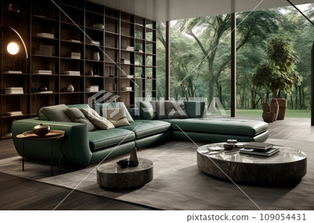 Interior of stylish living room in modern villa. Green cushioned furniture, round coffee table, rug on the floor, glass wall overlooking scenic landscape. Luxurious minimalism, expensive materials. 109054431