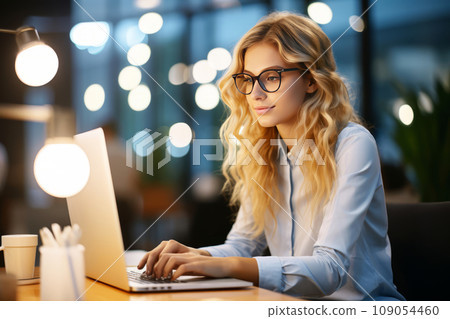 Portrait of a beautiful young Caucasian woman using a laptop in a modern bright office. Concentrated serious business woman working late into the night to complete a successful business project. 109054460