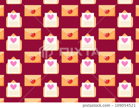 Letter and envelope with heart seamless pattern. Valentines Day wrapping paper, wallpaper, background. Vector illustration. 109054521