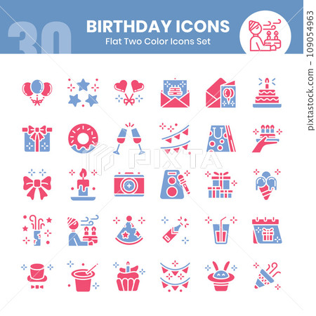 Birthday Icons Bundle. Flat two color icon style. Vector illustrations 109054963