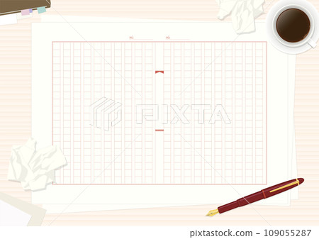 Manuscript paper, fountain pen, coffee, crumpled paper background, white wood grain desk Manuscript paper, fountain pen, coffee, crumpled paper background, white wood grain desk 109055287