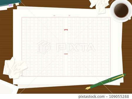 手稿紙、鋼筆、咖啡、皺巴巴的紙背景、深色木紋書桌 109055288
