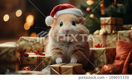 Hamster in santa costume, festive holiday wildlife photography.Created with Generative AI technology. Hamster in santa costume, festive holiday wildlife photography.Created with Generative AI technology. 109055330