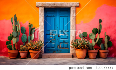 Plants on an orange wall. Mexico traditional colorful architecture with colourful orange house with old wooden door and on street. Generative AI  Plants on an orange wall. Mexico traditional colorful architecture with colourful orange house with old wooden door and on street. Generative AI  109055335