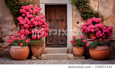 Old wooden door with pink flowers. Italian house exterior decorated with hydrangea in flowerpots. Historical building, hanging flowers in pots.Generative AI 109055342
