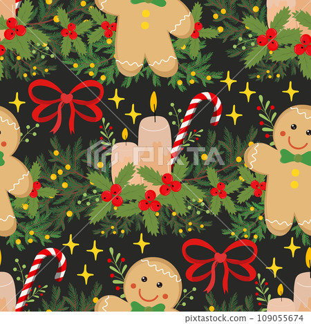Christmas decoration seamless pattern on black background. Vector illustration Christmas decoration seamless pattern on black background. Vector illustration 109055674