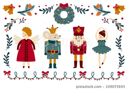 Colorful set of Christmas characters Nutcracker, ballerina, mouse and angel. Holiday statues.  109055693