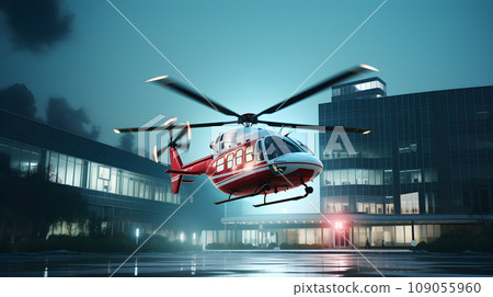 Red helicopter landing on helipad Red helicopter landing on helipad 109055960