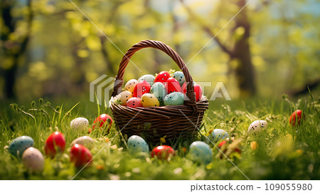 Wicker basket with Easter eggs 109055980