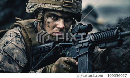 Portrait of marine soldier with a gun during the war conflict 109056057