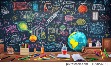 Back to the school vector illustration. School desk with childish doodles. Chalk illustrations. Back to the school vector illustration. School desk with childish doodles. Chalk illustrations. 109056152