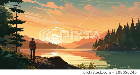 A man relaxing or meditation by the lake outside during lovely sunset, relax mode A man relaxing or meditation by the lake outside during lovely sunset, relax mode 109056246