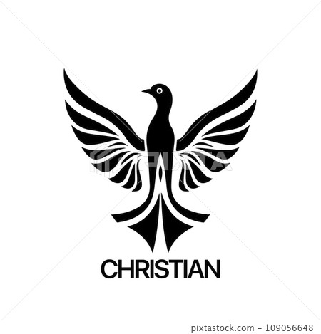 Christian Logo template with dove, pigeon. Black and white christian holy spirit symbol. 109056648