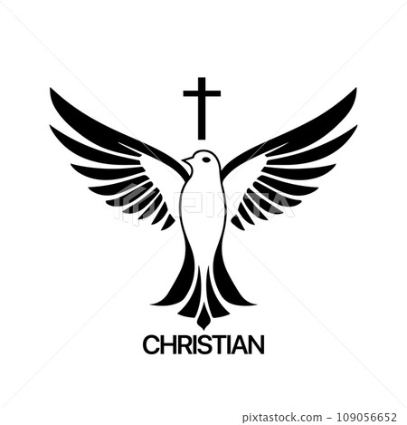 Christian Logo template with dove, pigeon. Black and white christian holy spirit symbol. 109056652