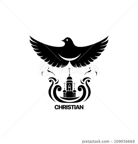 Christian Logo template with church, temple and dove wings. Black and white christian symbol. Pigeon wings and church tower logotype. Christian Logo template with church, temple and dove wings. Black and white christian symbol. Pigeon wings and church tower logotype. 109056668