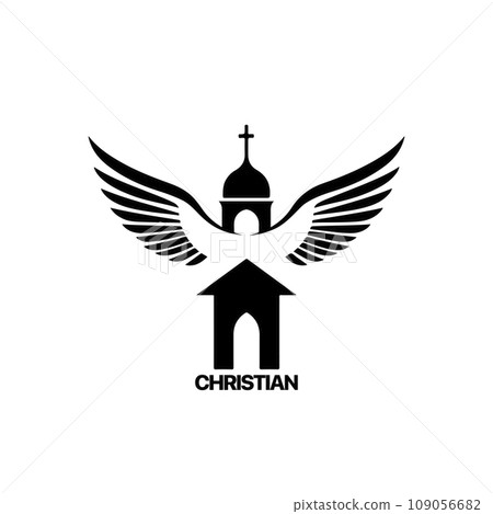 Christian Logo template with church, temple and dove wings. Black and white christian symbol. Pigeon wings and church tower logotype. 109056682