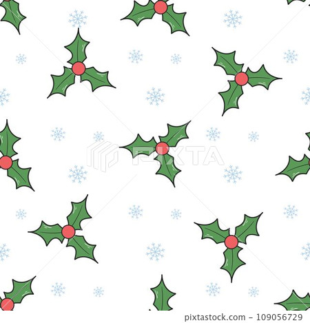 Christmas holly with berries and snowflakes seamless pattern 109056729